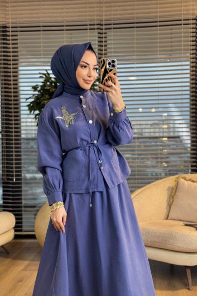 4443 Sol Gögüs Kuş İşli Takım İndigo