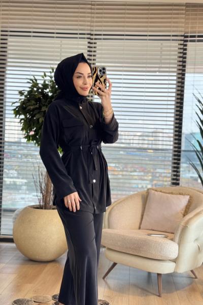 4455 Oysho İki Cepli Kendinden Kuşaklı Takım Siyah