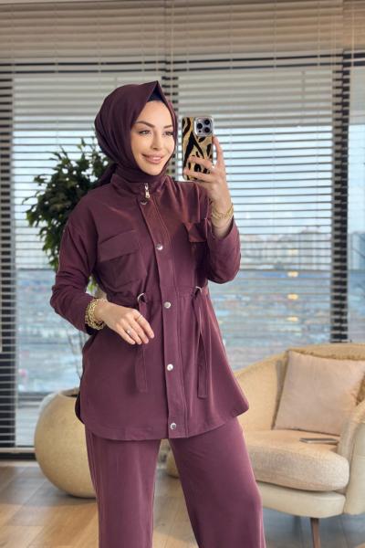 4455 Oysho İki Cepli Kendinden Kuşaklı Takım Bordo