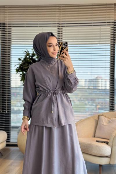 4466 Üstü Serpme Taş Baskılı Etekli Takım Gri