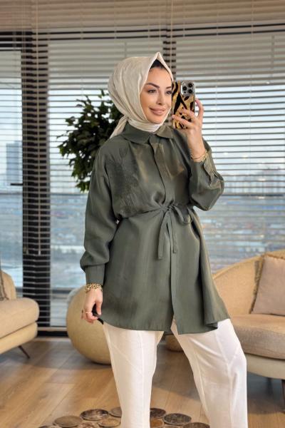 4471 Sol Göğüs Kordon Çiçek Nakışlı Gömlek Haki