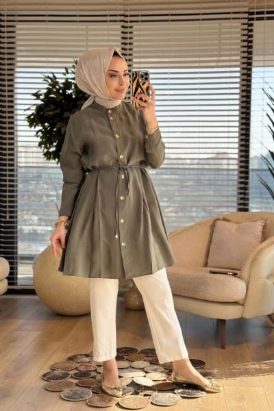4475 Ön Dikiş Pile Detaylı Tunik Haki