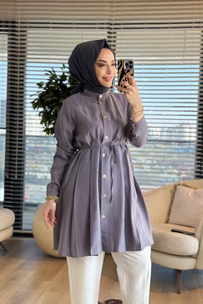 4475 Ön Dikiş Pile Detaylı Tunik Gri