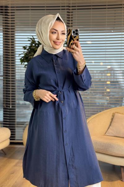 4476 Ön Düğmeli Klasik Uzun Gömlek Lacivert