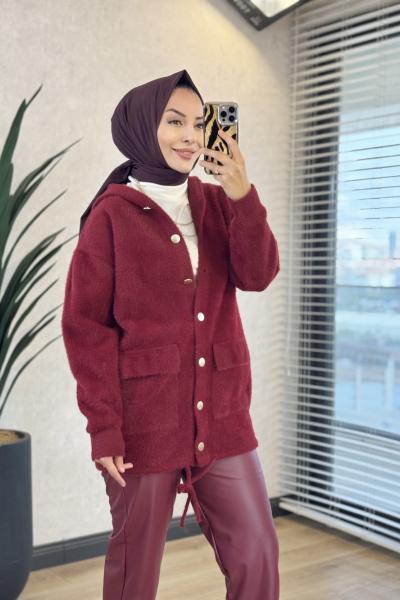 482 Önü Düğmeli Kapşonlu Angora Hırka Bordo