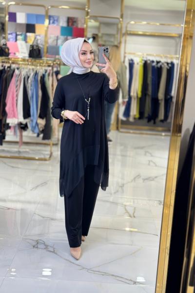 495 Evaze Şifon Detaylı Penye Takım Siyah