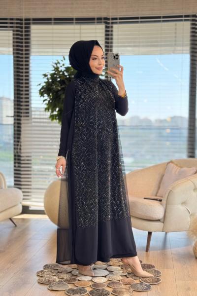 496 Ön Taşlı Simli Şifon Elbise Siyah