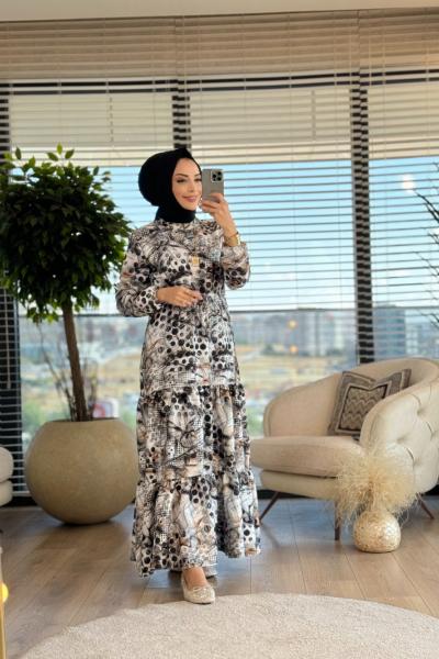 5002 Puan Ve Karışık Çizgi Desen Elbise Siyah