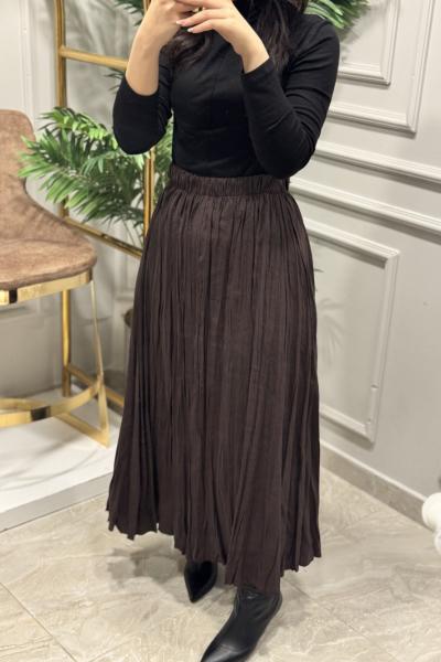 5004 Beli Lastikli Kırışık Etek Koyu Kahve