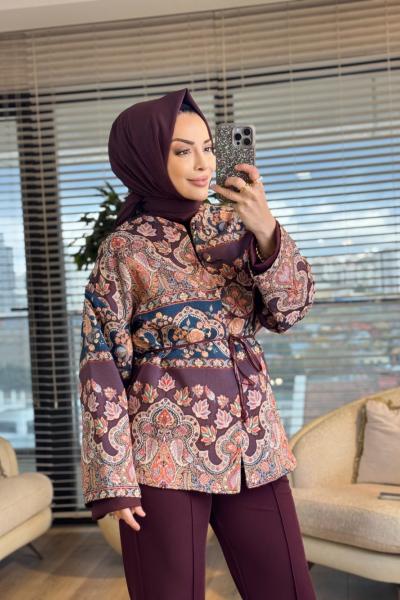 51199 Etnik Desen Jakarlı Ceket Bordo