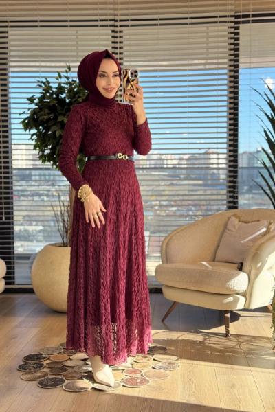 5280 Dantel Kemerli Elbise Bordo