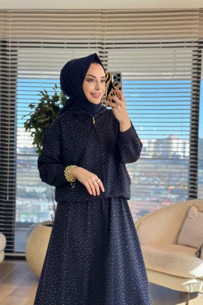 52826 Taş Baskılı Kapşonlu Fermuarlı Etekli Takım Lacivert