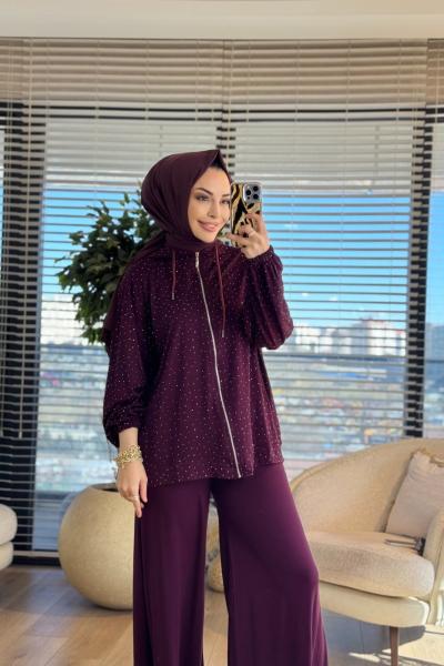 52838 Taş Baskılı Fermuarlı Pantolonlu Takım Bordo