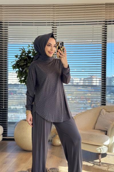 52839 Üst Taş Baskı Şalvar Pantolonlu Takım Antrasit