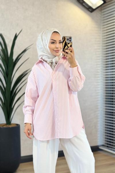 5466 Çizgili Gömlek Pembe
