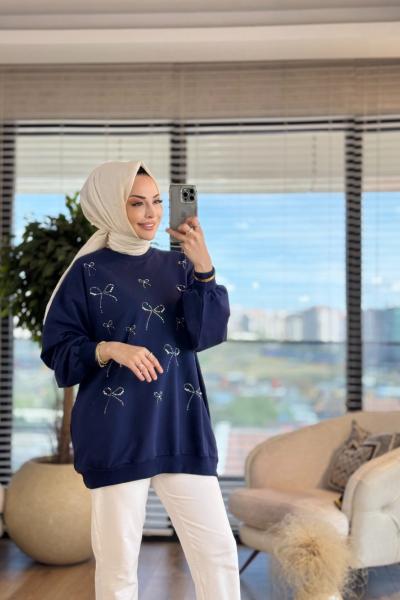 5753 Serpme Fiyonk Taş Baskılı Tunik Lacivert