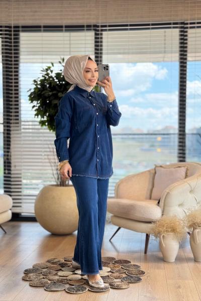 5836 Tencel Etek Ve Paça Ucu Saçaklı Takım Lacivert