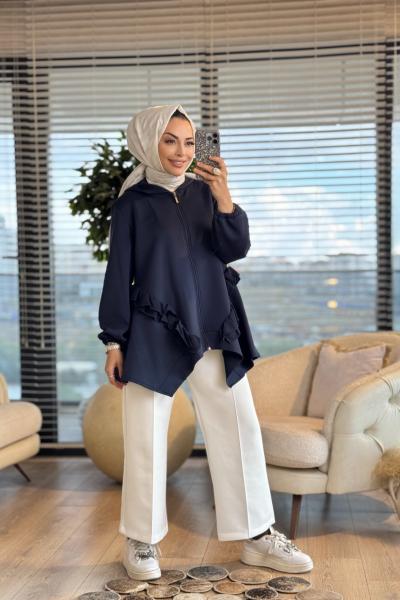 6109 Ön Arka Şifon Fırfırlı Kapşonlu Ceket Lacivert