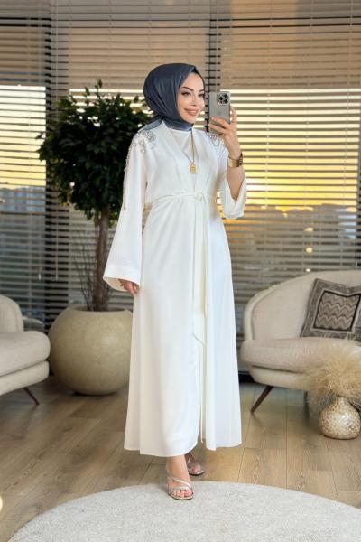 6136 Kolları Elişi Taş İşlemeli Abaya Ekru