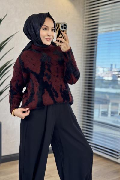 6142 Angora Kendinden Desenli Triko Tunik Bordo