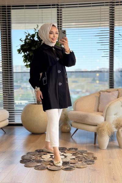 6143 Ön Düğme Desen Baskılı Gömlek Siyah