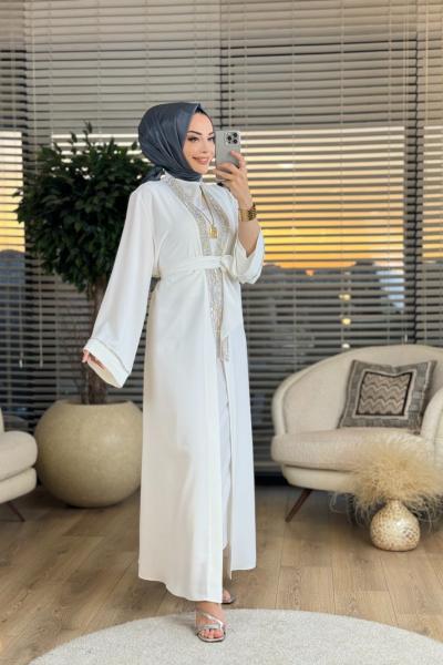 6166 Ön Sarkık Taş İşlemeli Abaya Ekru