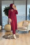6795 Atkılı Çiçek Broşlu Uzun Triko Tunik Bordo