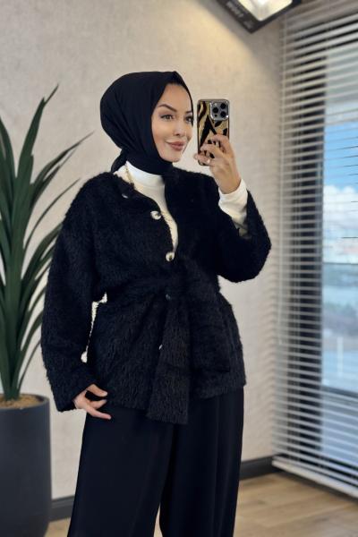7000 Buklet Şal Aksesuarlı Düğmeli Hırka Siyah