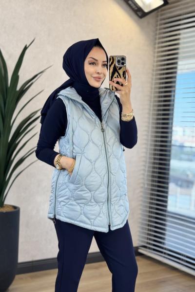 70045 Kapitone Yan Fermuarlı Kapşonlu Yelek Bebe Mavi