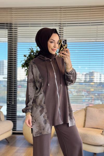 70081-2 Yanları Desenli Kapşonlu Takım Kahve