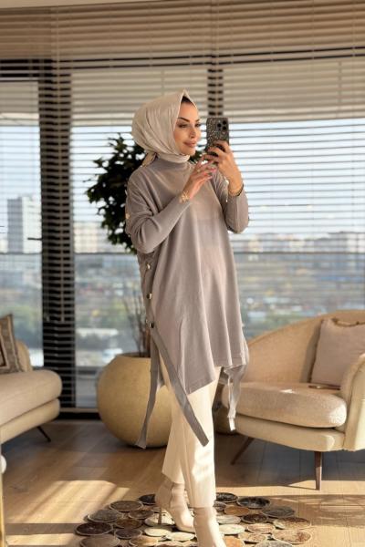 7011 Dicle Yanları Düğmeli Tunik Gri