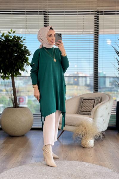 7011 Dicle Yanları Düğmeli Tunik Zümrüt