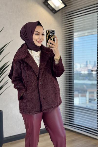 70179 Buklet Önü Düğmeli Kısa Kaban Bordo