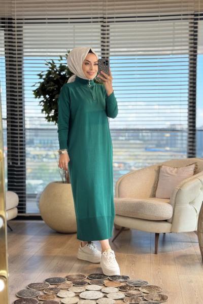 7025 Patı Fermuarlı Vanezia Elbise Zümrüt