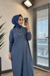 7029 Sol Taraf Zebra Desen Triko Elbise İndigo