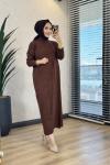 7029 Sol Taraf Zebra Desen Triko Elbise Kahve