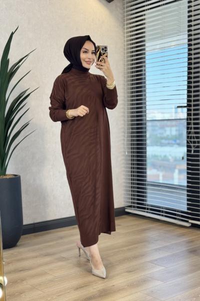 7029 Sol Taraf Zebra Desen Triko Elbise Kahve