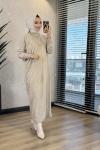 7029 Sol Taraf Zebra Desen Triko Elbise Bej