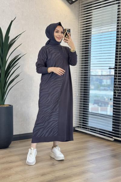 7029 Sol Taraf Zebra Desen Triko Elbise Antrasit