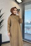 7029 Sol Taraf Zebra Desen Triko Elbise Latte