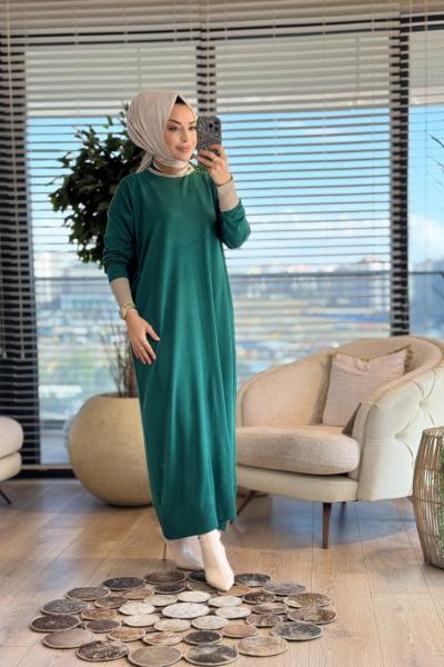 7032 Omuzu Manşetli Garnili Triko Elbise Zümrüt