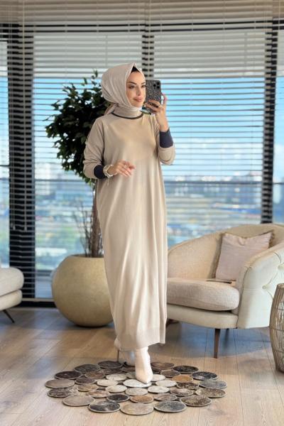 7032 Omuzu Manşetli Garnili Triko Elbise Bej