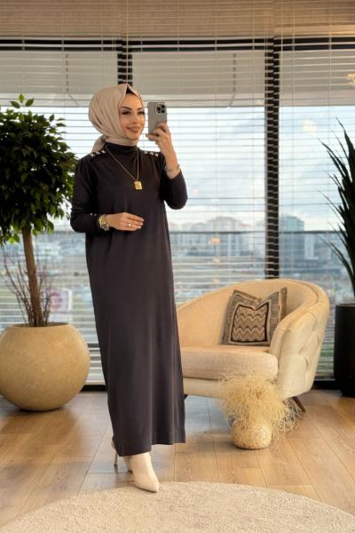 7036 Omzları İncili Vanezia Triko Elbise Antrasit