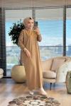 7050 Kolları Leoparlı Vanezia Elbise Latte