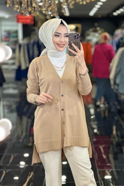 706 V Yaka Metal Düğmeli Hırka Latte