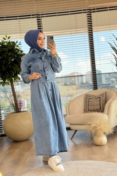 7087 Eteği Önden Büyük Düğmeli Kot Takım Mavi