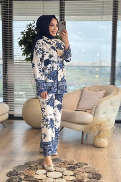 71086 Saten Gül Desenli Takım Lacivert