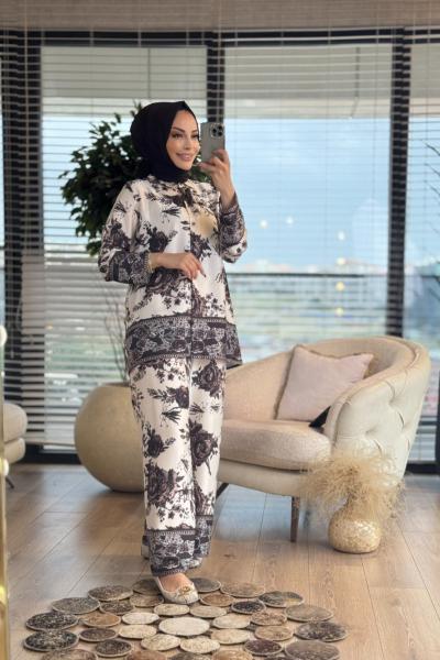 71086 Saten Gül Desenli Takım Kahve