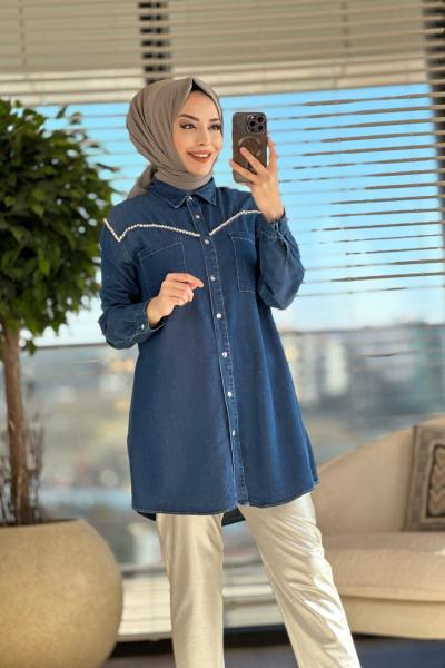 7109 Roba V Taş Detaylı Tencel Tunik Lacivert