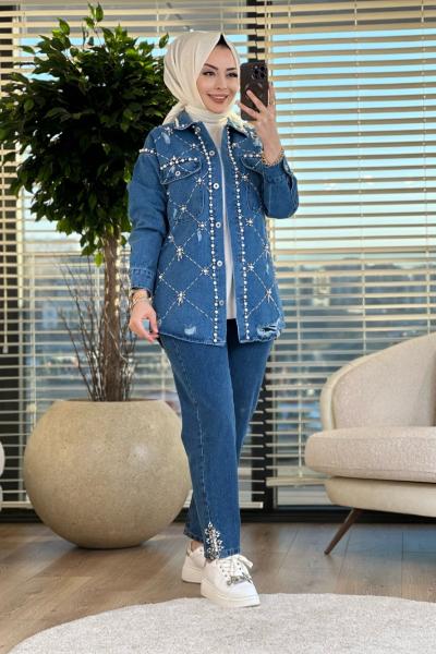 7121 Ön Baklava Taş Ve İnci Detaylı Kot Ceket Lacivert
